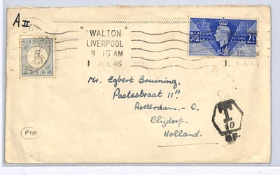 GB Underpaid Cover Walton NETHERLANDS POSTAGE DUES Rotterdam TAXE 1946 XK46 - Image 1 of 4