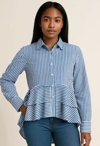 FX JC Women's Blue White Striped Peplum Collared Button Down Shirt Med High Low - Picture 1 of 13