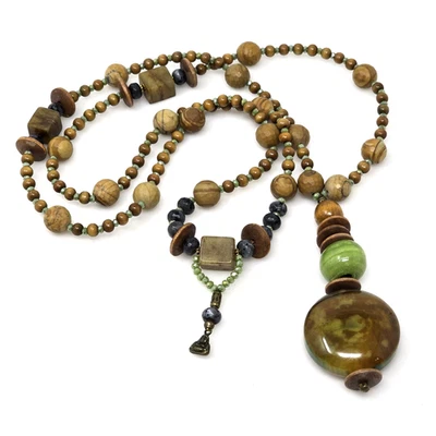 Chinese Agate Wood Beaded Buddha Necklace Rosary Prayer Beads 40" Long  - Image 1 of 4