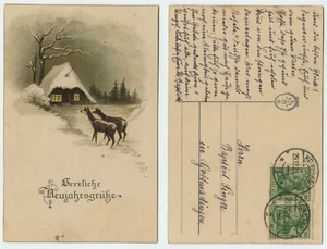 51560 - Rotwild vor verschneiter Hütte - Neujahr - AK, Konstanz 29.12.1921 - Bild 1 von 2