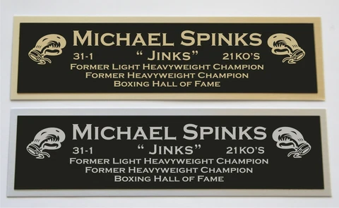 Michael Spinks nameplate for signed boxing gloves trunks photo Cover