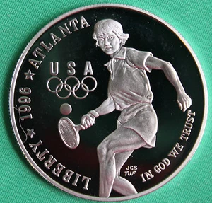 1996 P Olympic Tennis Proof Silver One Dollar Commemorative US Mint Coin ONLY $1 - Picture 1 of 2