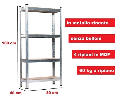 Scaffale in Metallo 4 Ripiani Rinforzati in MDF 4 mm Portata 60 Kg cm 80X40X160h - Immagine 1 di 2
