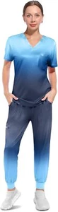 Scrubs for Women Set,V-Neck Scrub Top&Joggers Pants Set,Slim Quick-dry Dark Blue - Picture 1 of 16