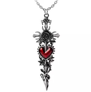 Alchemy Gothic Cross of the Dark Kiss 4" Pendant Rose Heart Dagger Necklace P975 - Picture 1 of 3
