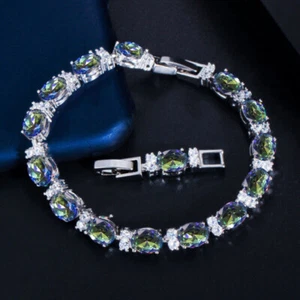 New 8mm Oval Cut Rainbow Blue Mystic Topaz Gemstone Women Charm Silver Bracelet