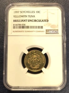 1997 SEYCHELLES 10C (Yellowfin Tuna) Coin - Brilliant Uncirculated NGC Graded - Picture 1 of 2