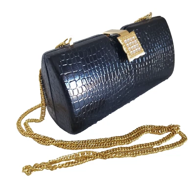 Isabella Adams Black Faux Snakeskin Evening Clutch Purse w/ Chain & Snap Closure - Image 1 of 4