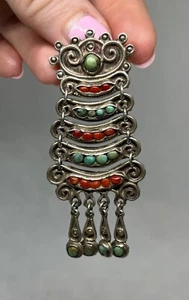 Broche vintage mexicano de plata esterlina, turquesa y coral FIRMADO Matl - Imagen 1 de 7