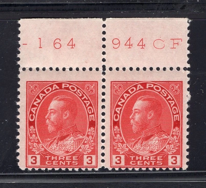 CANADÁ 3c Admiral #109c Die II Par de margen superior con inscripción, MNH Foto 1 de 2