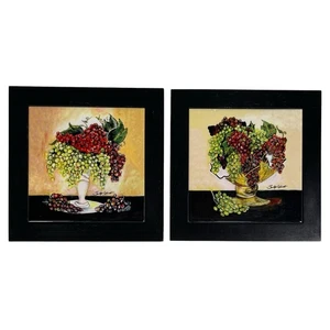 2 Bowls Of Grapes Ceramic Tile Framed Wall Hangings Signed Jennifer Garant 8 x 8 - Picture 1 of 5
