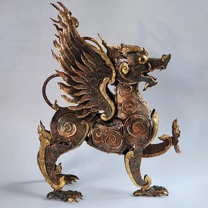 Estatuilla de ciervo Qilin ala asiática grande criatura mítica escultura de metal 12" de alto - Imagen 1 de 21