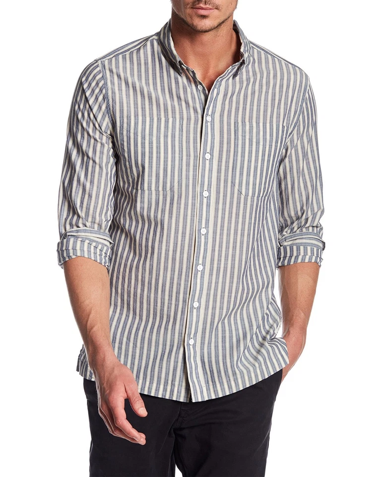 William Rast Mens Bo Regular Fit Button Down Shirt Medium Chambray Blue Striped - Image 1 of 2