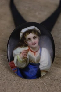 Antique 19th Century Girl With Strawberry Porcelain Miniature Portrait - Picture 1 of 10