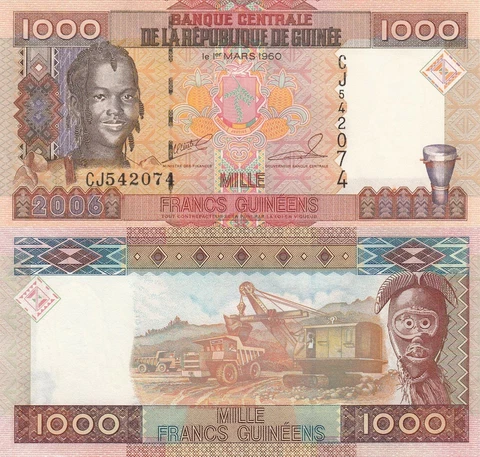 Guinea 1000 Francs (2006) - Girl/Ore Mining/p40 UNC Cover