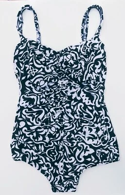 Traje de baño vintage Gabar para mujer de una pieza azul blanco floral fruncido frontal talla 14 Foto 1 de 4