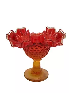 Kanawha Glass Amberina Hobnail Compote Ruffled Pedestal Bowl Red Orange Yellow - Picture 1 of 5
