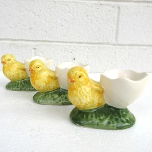 VTG Set 3 Bordallo Pinheiro Baby Chick Egg Cups Portugal MCM Yellow Green White - Picture 1 of 12