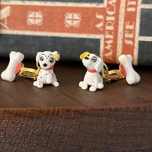 Vintage Disney 101 Dalmatians Clip On Dangle Earrings Gold Tone Puppy Dog & Bone - Picture 1 of 11