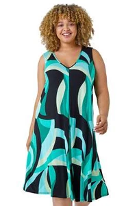 Curve Abstract Print Swing Dress For Women UK - Ladies Roman Originals