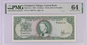 Trinidad & Tobago, Central Bank, 5 Dollars 1964 , PMG 64 C UNC Wmk: Bird of Para - Picture 1 of 2