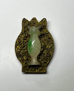 Antike chinesische Brosche vergoldet filigran Korb eisig dunkelgrün Jadeit Jade Vase - Bild 1 von 3