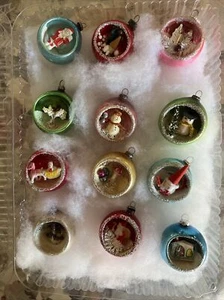 Vtg Christmas Glass Round Ball Ornaments Diorama 3D Set Of 12 Made in Japan - Picture 1 of 8
