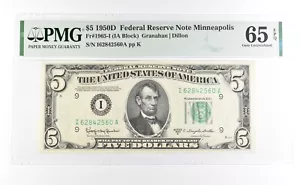 PMG 65 Gem Unc EPQ 1950 D $5 Minneapolis, MN US FRN Green Seal Fr#1965-I *1016 - Picture 1 of 3