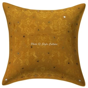 Indian Embroidered Cushion Cover Khaki 40x40 Cotton Mirrored Throw Pillow Cover - Picture 1 of 3