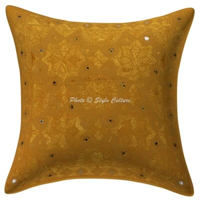 Indian Embroidered Cushion Cover Khaki 40x40 Cotton Mirrored Throw Pillow Cover - Image 1 of 3