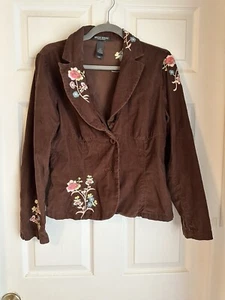 BISOU BISOU BrownTwill Jacket Y2K Floral Embroidery Buttons Long Sleeves SzLG - Picture 1 of 7