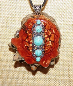 Special - Pine Cone Pendant with Cycles of the Tree of Life & Synthetic Turquois - Picture 1 of 7
