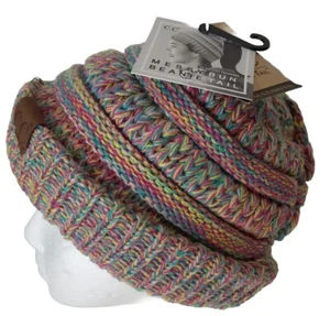 C.C Beanie Tail Ponytail Messy Bun Ribbed Knit Beanie Hat Multi Color Unisex NEW - Picture 1 of 12