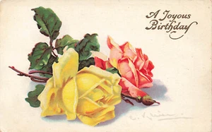 A/S C KLEIN ROSA UND GELBE ROSEN GEBURTSTAGSGRÜSSE VINTAGE POSTKARTE 080923 S - Bild 1 von 2