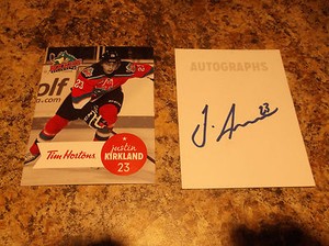 2013-14 KELOWNA ROCKETS JUSTIN KIRKLAND SIGNED WHL TIM HORTONS PLAYER CARD