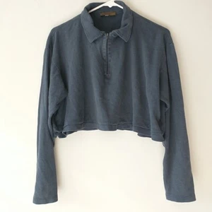 Luciano Barbera Crop Top T Shirt Women L Blue Gray Long Slee Boxy 1/4 Zip Collar - Picture 1 of 7