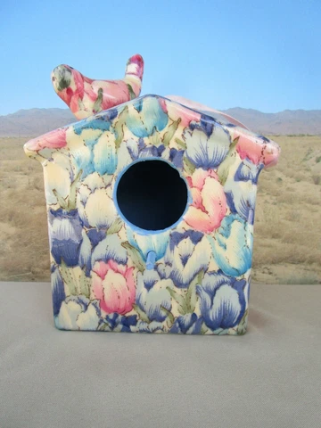 Pretty Glazed Birdhouse, Tulip Pattern, Perch, Bird on Top, Pink Ribbon Cover