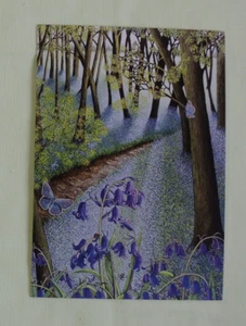 1x Postkarten Pat Scott Neuanfang Licht - Wald - Kunst Glockenblumen Schmetterli - Bild 1 von 2