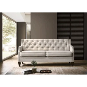 Luxurious Living Room 3-Seater Sofa Couch w/ Tufted Back Contour Arm Sofa, Beige - Picture 1 of 2