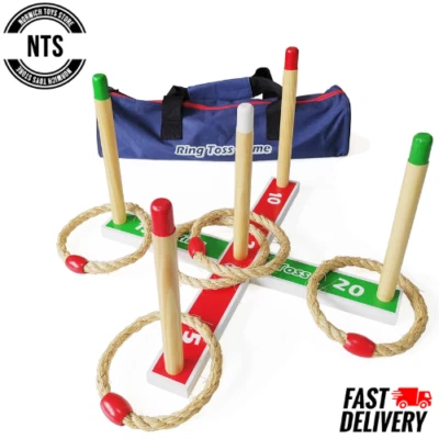 Wooden Ring Toss Game Set with 5 Rope Rings & Carry Bag Outdoor Family Fun - Image 1 of 4