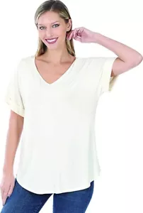 Zenana Luxe Rayon Short Cuff Sleeve V-Neck TOP Ivory White 1XL - Picture 1 of 5