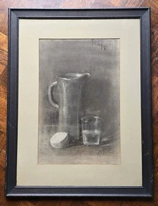 Vintage Original Still Life Pastel Drawing Pitcher & Glass Signed M. F. Schane - Picture 1 of 10