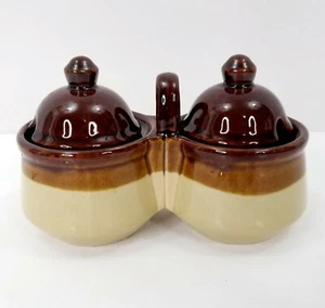 Vintage Gewürz Servier Set Deckel Steinzeug Braun Hellbraun Keramik Doppel Gelee Marmelade - Bild 1 von 10
