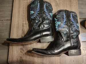 EL GENERAL Cowboy Boots Size US 7 Rodeo Leather Black w Blue Stitch Vtg - Picture 1 of 11