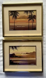 2 Vintage Hawaiian Sunset Seascape Painting Signed Charie - Picture 1 of 2