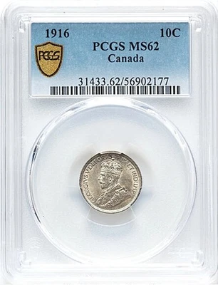 1916 Ten Cents PCGS MS-62 ** Beautiful Choice BU King George V Dime - Image 1 of 3