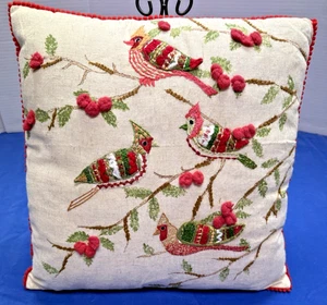 Vtg Decorative Pillow 16x16 Embroidered Red Birds On Linen India - Picture 1 of 10