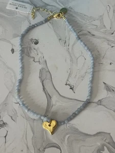 Susan Shaw Gold Heart On Light Blue Agate Necklace, NWT - Picture 1 of 9