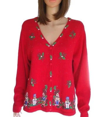 Cárdigan BPDESIGN M Vintage Rojo Cascanueces Bordado Navidad Vacaciones Suéter Foto 1 de 4