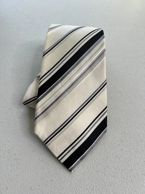 Geoffrey Beene Cream, Black, Gray Striped Pattern Handmade 100% Silk Tie NWOT - Image 1 of 4